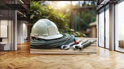 Construction tools on wooden surface Wall mural