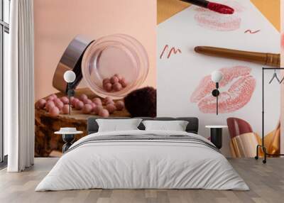 Cosmetics collage. Banner. Eye shadow, lipstick, powder, blush, eyeliner, mascara Wall mural