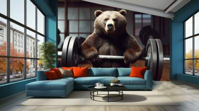 Cute bear lifting weights. Animal character exercising weight lifting barbell.Bear doing gym sports.Bear gym weightlifting. AI generated content Wall mural