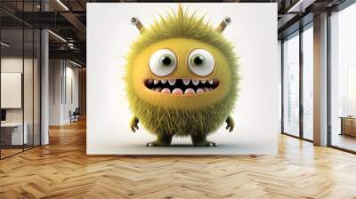 Cute fur yellow monster on white background, AI generated Wall mural