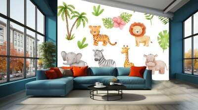 Cute giraffe, tiger and elephant in cartoon style. Watercolor Drawing african baby wild animal isolated on white background. Jungle safari animals and plants set Wall mural