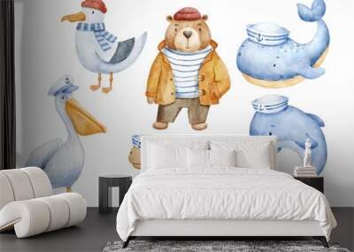 Cute sailor bear dressed in vest, hat and yellow fishing jacket. Pelican, dolphin and whale. Funny watercolor illustration of childish characters set isolated on white background Wall mural