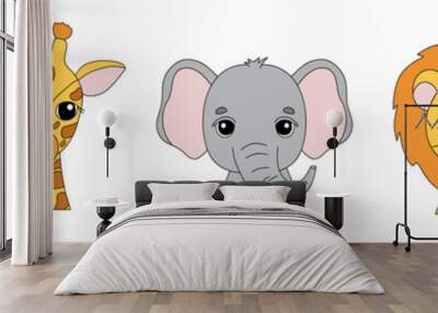 Cute vector portraits giraffe, elephant and zebra in cartoon style. Drawing african baby wild cat face isolated on white background. Illustration for kids poster and card. Jungle animal Wall mural