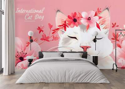 Cute white smilling cat on pastel backgroubd with flowers Wall mural