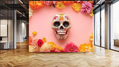 Day of the Dead skull on soft pastel background with bright flowers. Dia de los Muertos banner Wall mural