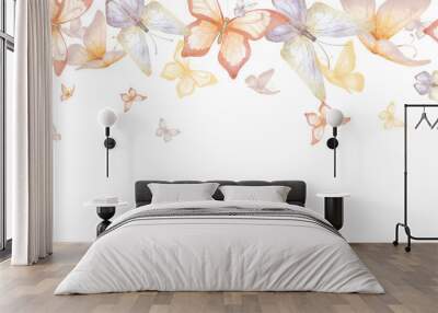 Delicate butterflies in pastel colors. Flying, elegant butterflies and moths. Border. Watercolor illustration in digital style. Seamless horizontal pattern repeating on a white background. Wall mural