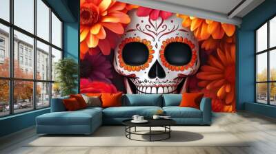 design banner  for the day of the dead with scull ,flowers, mexican design element for websites or social media, background cards invitation wallpaper sticker decoration free space for text	 Wall mural