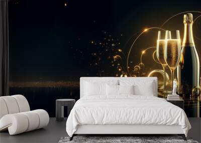 Digital rendering of champagne bottle with two glasses, black and gold theme, bubbles, doff effect, celebration, night scene Wall mural