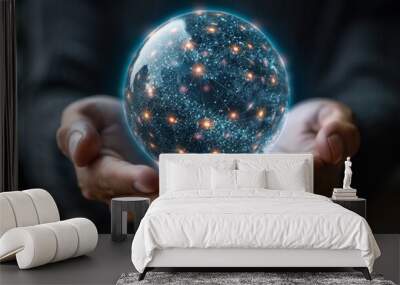 Digital technology background with human hands holding a virtual earth and global network connection, an AI robot hand on a digital globe or planet Earth for futuristic concepts. Wall mural