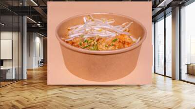 Eating diet concept. Buddha Poke Bowl Of Bean Sprouts, Shrimp, Rice, Dry Onion. Lunch break. Close up, copy space, top view. Isolated on pink background Wall mural