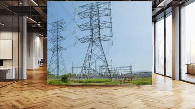 Electricity pylons . High voltage power poles. Electricity distribution network. Wall mural