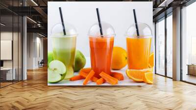 Various fruit smoothies on white background. Front view. Wall mural