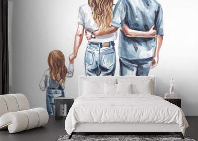 Fashion watercolor illustration. Father, mother and daughter on a walk. Family Day. Wall mural