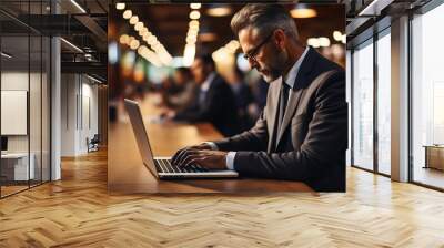 Fashionable man in sunglasses, working on a laptop against the background of tropical hotel sea view. Concept of leisure and travel. AI Generative Wall mural