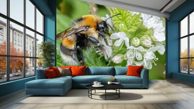 female bee Halictus sp pollinating and feeding on yellow yarrow flowers. Wall mural