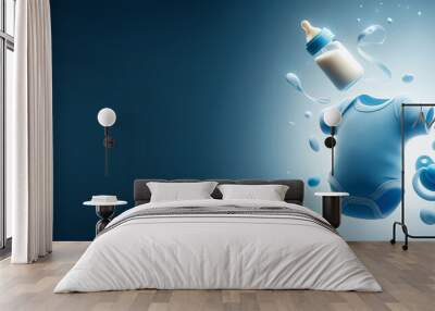 Floating baby clothes with blue bodysuit, bottle, and pacifier, Wall mural