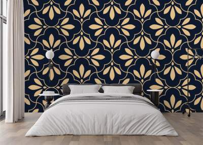 Flower geometric pattern. Seamless vector background. Gold and dark blue ornament. Ornament for fabric, wallpaper, packaging. Decorative print Wall mural