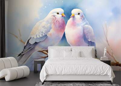 Flying white dove watercolor illustration. Symbol of peace. A gray dove in flight. Pigeon digital drawing watercolor bird fly illustration Wall mural