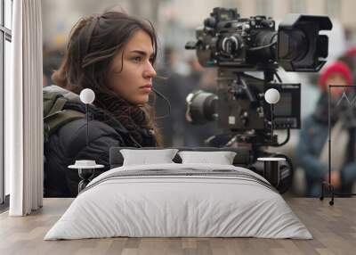 Focused female filmmaker operating a professional camera outdoors Wall mural