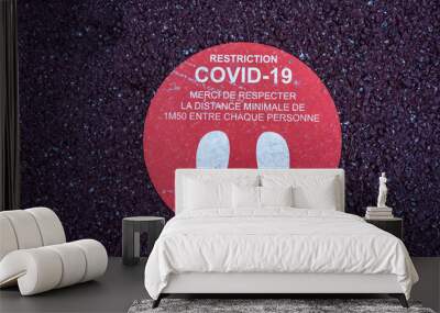 Footprint floor sticker, foot steps in circle, keep distance waiting in line, stand here sign, coronavirus or Covid-19 prevention, social distance. High quality photo Wall mural