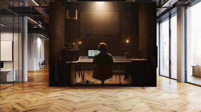 Man seen from the back editing a program from a recording studio, with dim lighting Wall mural