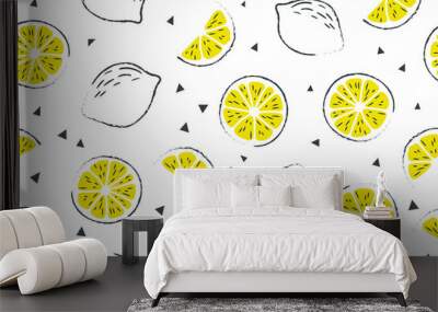 Fresh, tropical fruits, lemon. Seamless fruit background for banners, printing on fabric, labels, printing on T-shirts. Children's drawing in cartoon style, black outline, pen, pencil-01 Wall mural