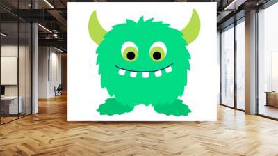 Funny cool cartoon fluffy green monster, aliens or fantasy animals for childish cards and books. Hand drawn flat vector illustration isolated on white background. Wall mural