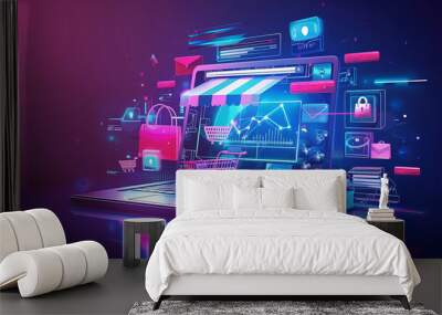 Futuristic e-commerce concept with neon graphics on a laptop screen Wall mural