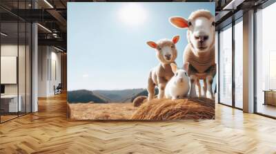 Generated image sheep, rabbit, dog, cat standing on a pile of hay, pet in full length, front view, low angle shot, against a blue sky, sunny day,  Wall mural