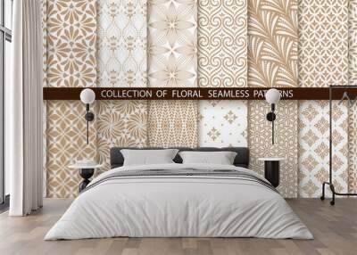 Geometric floral set of seamless patterns. Gold and white vector backgrounds. Simple illustrations Wall mural