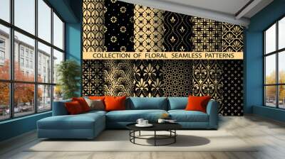 Geometric floral set of seamless patterns. Golden and black vector backgrounds. Damask graphic ornaments Wall mural