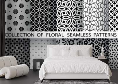 Geometric floral set of seamless patterns. White and black vector backgrounds. Damask graphic ornaments. Wall mural