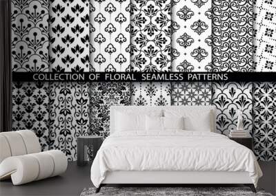 Geometric floral set of seamless patterns. White and black vector backgrounds. Damask graphic ornaments. Wall mural