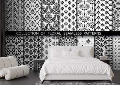 Geometric floral set of seamless patterns. White and black vector backgrounds. Damask graphic ornaments. Wall mural