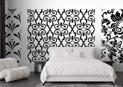 Geometric floral set of seamless patterns. White and black vector backgrounds. Damask graphic ornaments. Wall mural