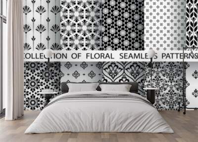 Geometric floral set of seamless patterns. White and black vector backgrounds. Damask graphic ornaments. Wall mural