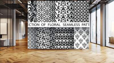 Geometric floral set of seamless patterns. White and black vector backgrounds. Damask graphic ornaments. Wall mural