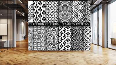 Geometric floral set of seamless patterns. White and black vector backgrounds. Damask graphic ornaments. Wall mural