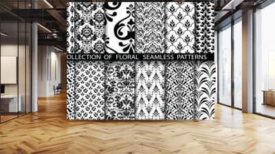 Geometric floral set of seamless patterns. White and black vector backgrounds. Damask graphic ornaments. Wall mural