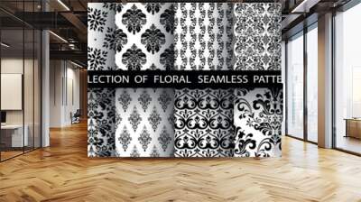 Geometric floral set of seamless patterns. White and black vector backgrounds. Damask graphic ornaments. Wall mural