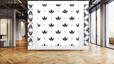 Geometric floral set of seamless patterns. White and black vector backgrounds. Damask graphic ornaments. Wall mural