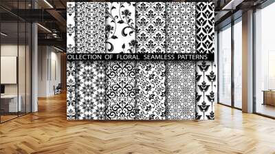 Geometric floral set of seamless patterns. White and black vector backgrounds. Damask graphic ornaments. Wall mural