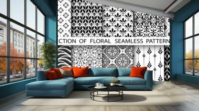 Geometric floral set of seamless patterns. White and black vector backgrounds. Simple illustrations. Wall mural