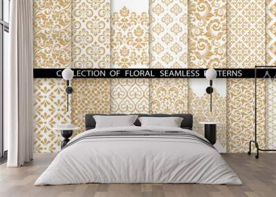 Geometric floral set of seamless patterns. White and gold vector backgrounds. Damask graphic ornaments Wall mural