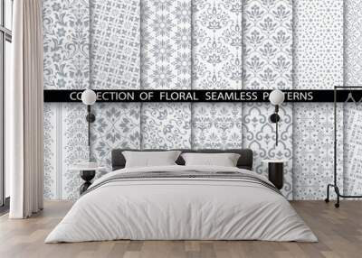 Geometric floral set of seamless patterns. White and gray vector backgrounds. Damask graphic ornaments Wall mural