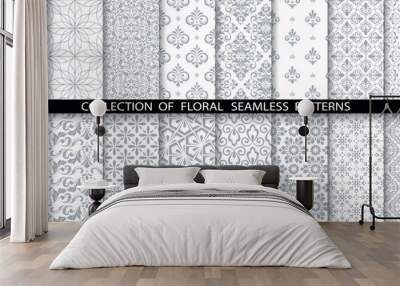 Geometric floral set of seamless patterns. White and gray vector backgrounds. Damask graphic ornaments Wall mural