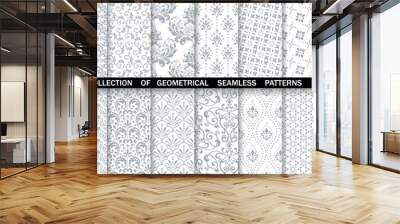 Geometric floral set of seamless patterns. White and gray vector backgrounds. Damask graphic ornaments Wall mural