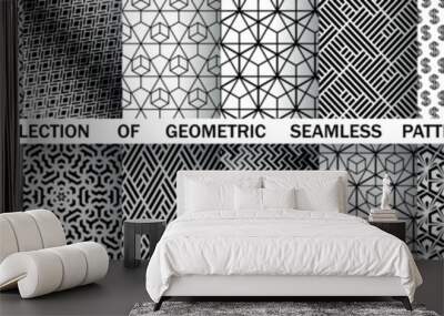 Geometric set of seamless black and white patterns. Simple vector graphics. Wall mural