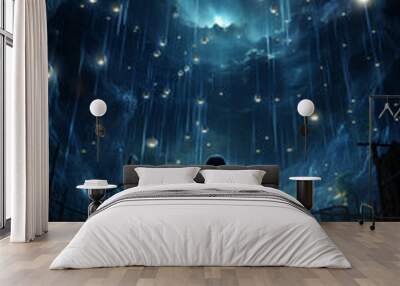 Girl with long hair in pajamas, standing with his back, in the field, on the night and looking to the sky in front of her, fool of colorful shaped constellations, magic night. AI Generative Wall mural