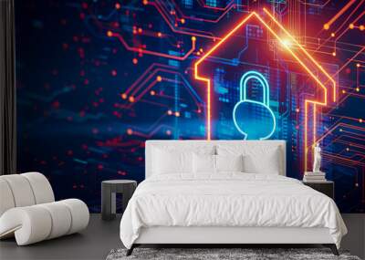 Glowing digital security home lock symbol hologram. Smart home technology concept Wall mural